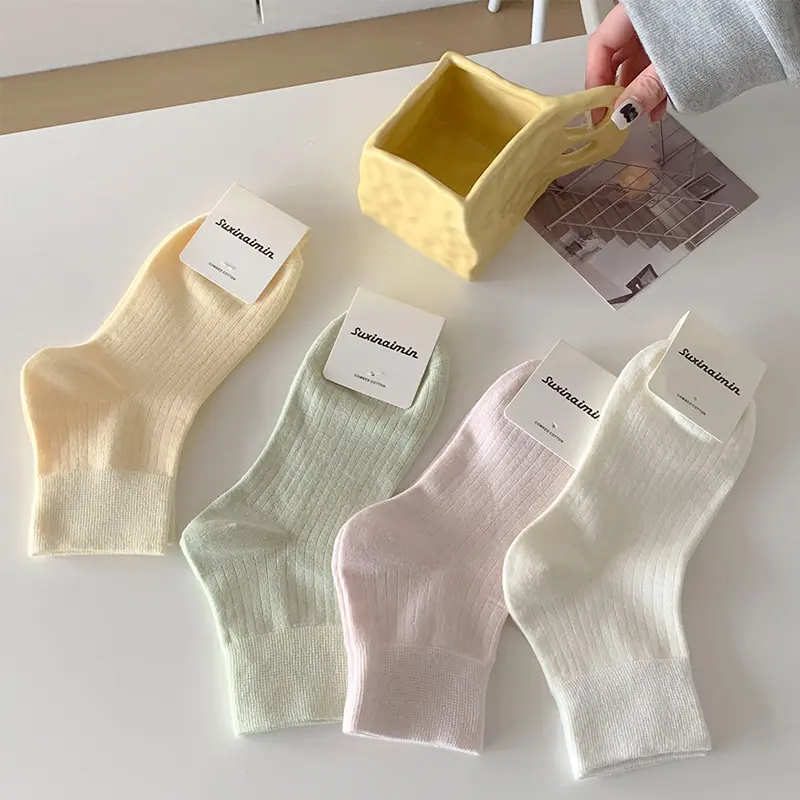 Women's Socks Summer Thin Short Socks Spring Summer Japanese Style Vertical Striped Wide Mouth Maternity Socks Cream Color Low Tube Cotton Socks