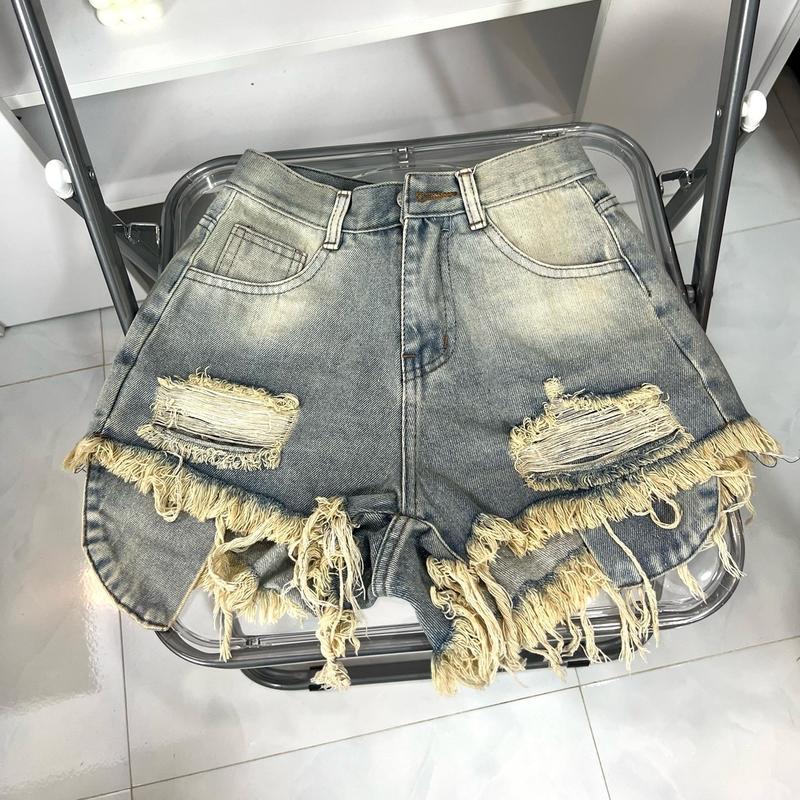  BM17 Quần Đùi Short Jean Nữ Cao Cấp  Rách Xước Hai Bên Tua Rua  Cạp Cao Lộ Túi  Dài 28Cm Women Pants quân  jean jeannu 