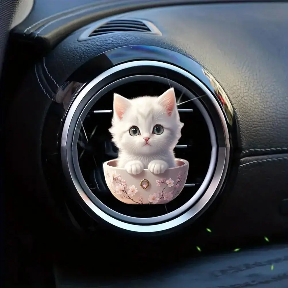 Pink Cat Card Slot Kit Car Outlet Clip Car Solid Aromatherapy Tablet Pink Teacup Cat 2D Acrylic