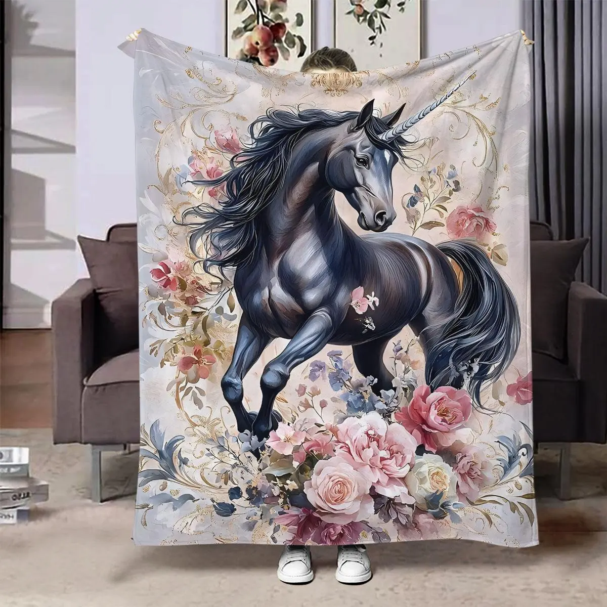 Horse Pattern Blanket, 1 Count Floral & Horse Pattern Soft Throw Blanket, Air Conditioning Blanket, Warm Nap Blanket for Home & Office