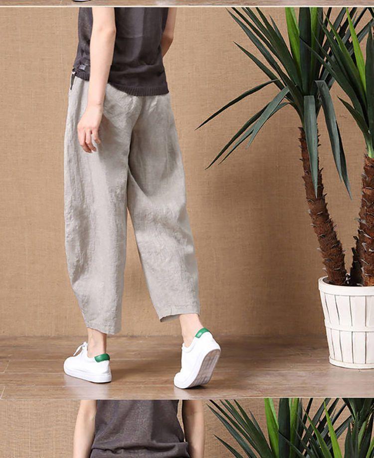 Product Introduction of 2025 Summer New Cotton Linen Long Pants for Women Loose Plus Size Wide Leg Pants High Waist Versatile Floor-Length Linen Pants rib  flares cutbray 5