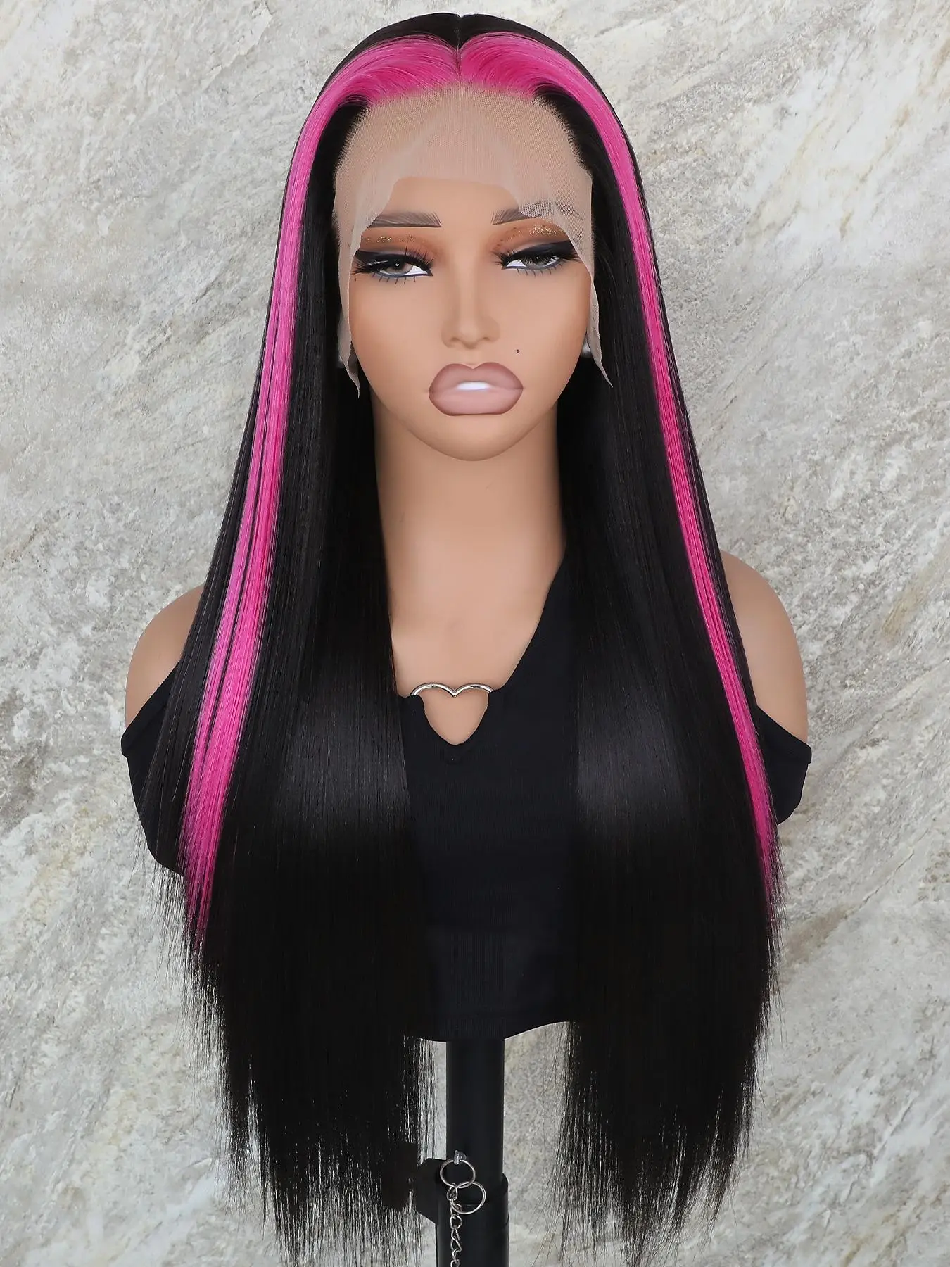 28 Inch Long Highlights Straight Synthetic Skunk Stripe Wig without Bangs, Wigs for Women for Daily, Cosplay, Anime Or Costume Party, Striking Natural Fluffy Hair Wigs without Bangs for Daily & Party