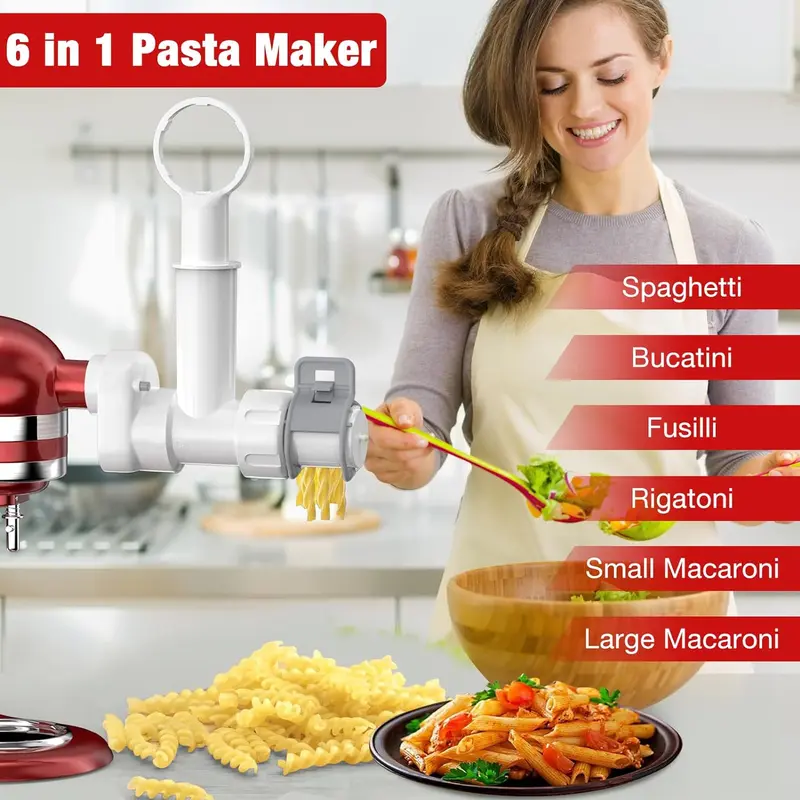 6-in-1 Pasta Maker Attachment, 1 Set Pasta Tool with 6 Different Shapes Pasta Outlet & Cleaning Brush, Durable Electric Pasta Press Attachments for Kitchen Aid Accessories 6