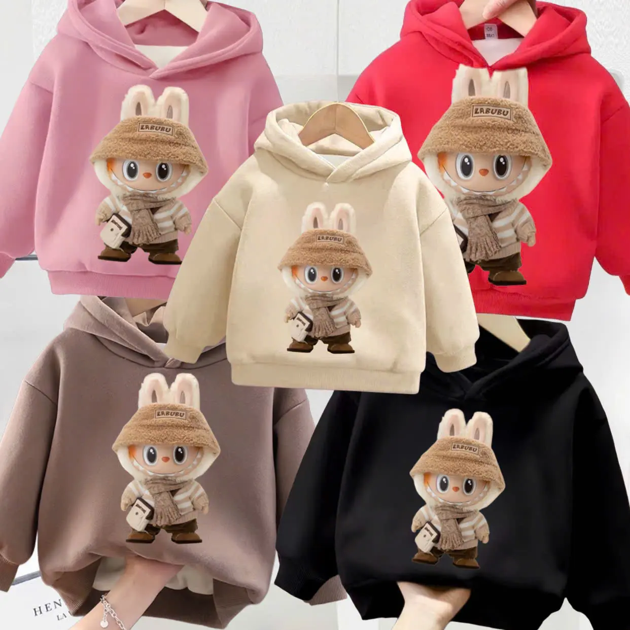 Áo nỉ hoodie LABUBU chất nỉ bông vừa tay ÁO 1 LỚP, Áo nỉ có MŨ 2 LỚP  cho bé trai, bé gái  in HÌNH LABUBU chất nỉ bông vừa tay basic dễ mặc  dễ phối đồ cho bé từ 6-30kg áo  hoodie