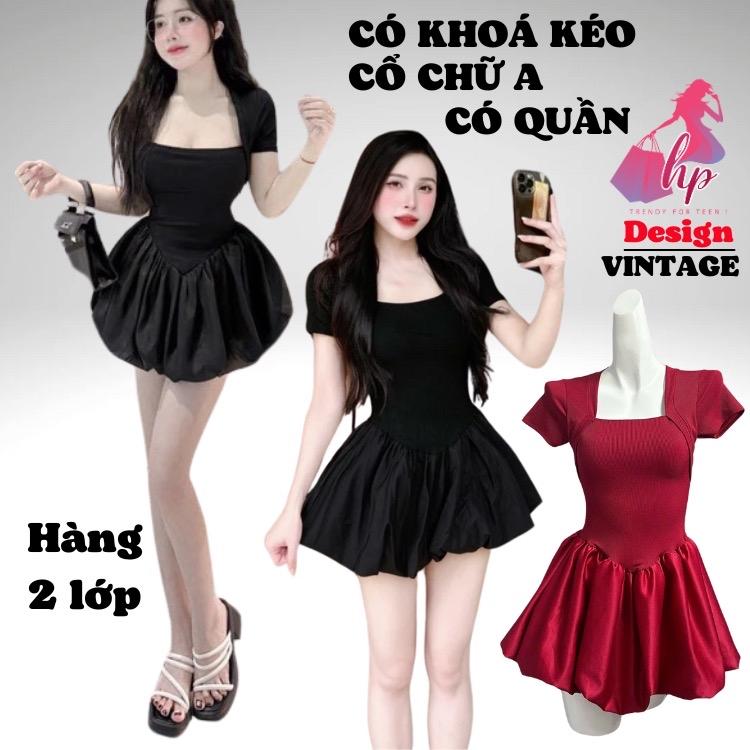 Đầm body tùng bí dáng ngắn cổ chữ A, váy kiểu nữ cộc tay màu đen  mặc hè đông tôn dáng đi tiệc đi chơi G966 Women Dress Thun Kem Voan