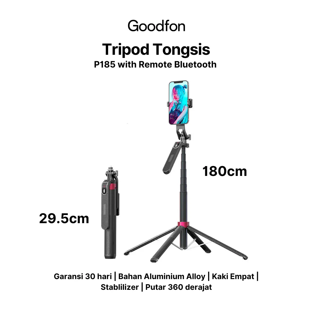 GOODFON P185 Tripod Tongsis Bluetooth Remote Quadpod 180cm Selfie Stick Stabil Aluminium Alloy