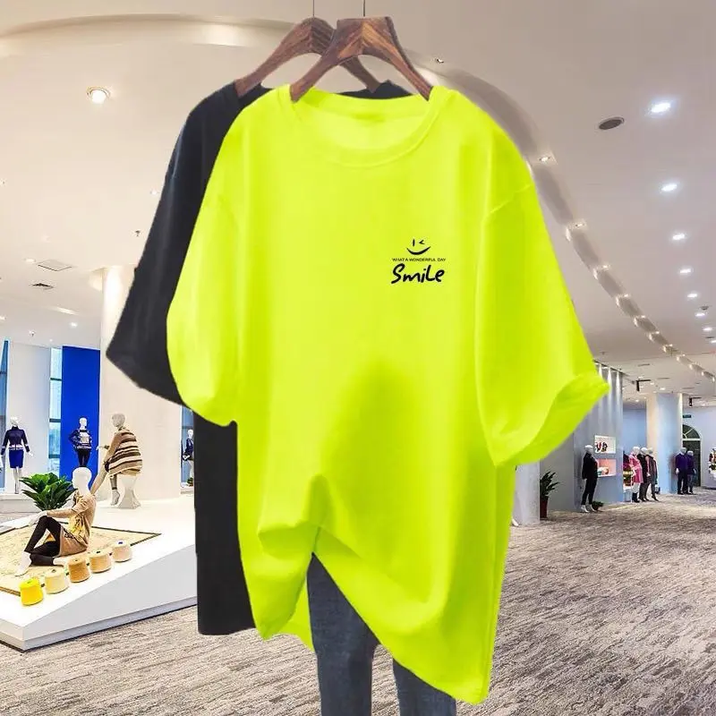 Áo Thun Cotton ngắn Tay Màu Xanh Lá Huỳnh Quang Dáng Rộng, Cổ Tròn Nữ, Hàng Châu Âu Mùa Hè Mới 2024, Phiên Bản Lớn, Áo Che Hông, Chất Liệu Cotton