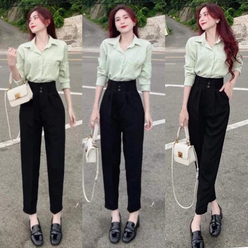 Quần tây nữ lưng cạp cao 3 cúc có Đai màu Đen dáng dài bản to khuy cài Quần vải nữ baggy công sở ống Đứng mặc Đi học làm đẹp Pants Denim Ong Women Lưng Cao Kem