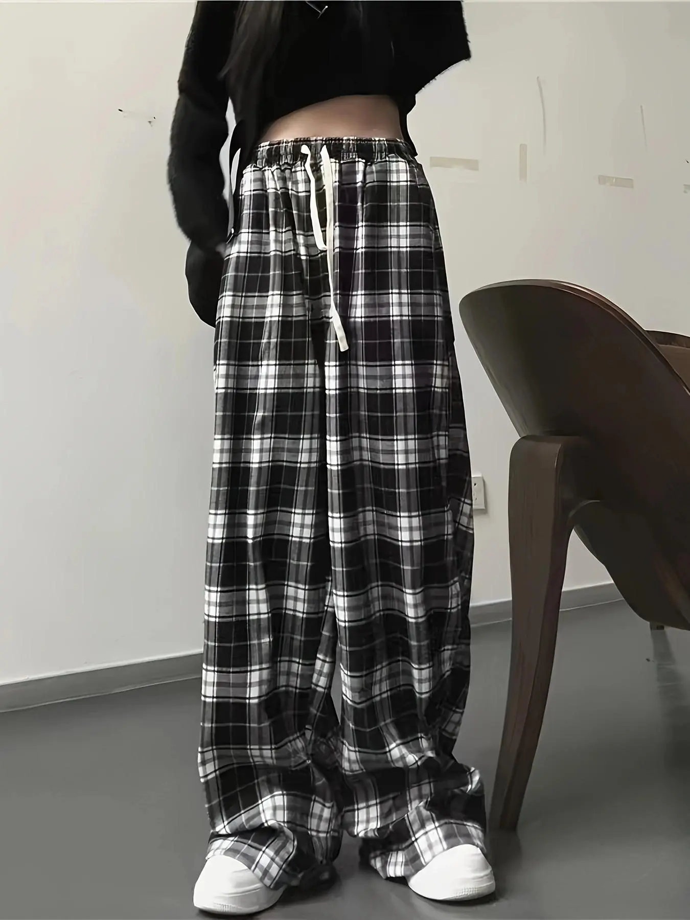 Women's Plaid Print Drawstring Waist Wide Leg Pants, Casual Comfy Pocket Trousers for Summer, Fashion Women's Bottoms for Daily Wear