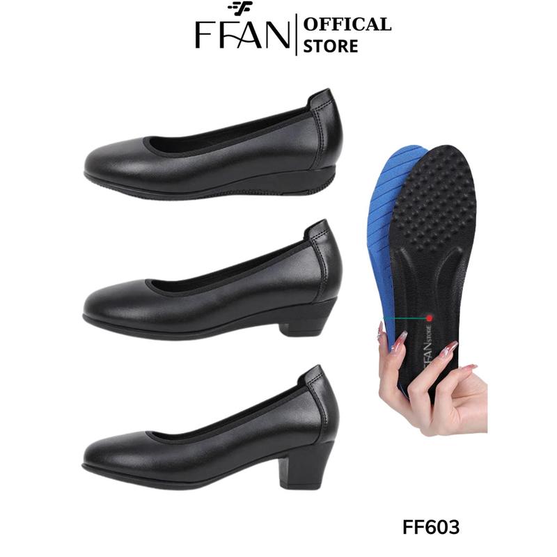 Giày tiếp viên hàng không nữ da thật FFAN STORE đế vuông mũi tròn FF603 cao gót công sở 1 3 5 phân bít mũi big size