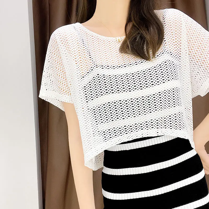 Áo khoác ngoài, Váy có dây đeo, ngắn Tay, Cappa ren, Váy mùa hè, áo vest chui đầu, áo dệt kim Openwork lưới Nữ Women Top Khuy