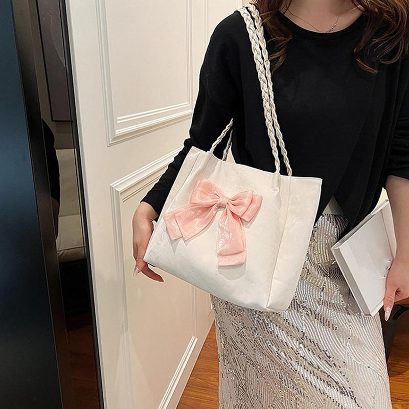 Product Introduction of Pink Bow Tote Bag Niche Design Bow Contrast Color Shoulder Bag Versatile Casual Handheld Tote Women's Bag 22