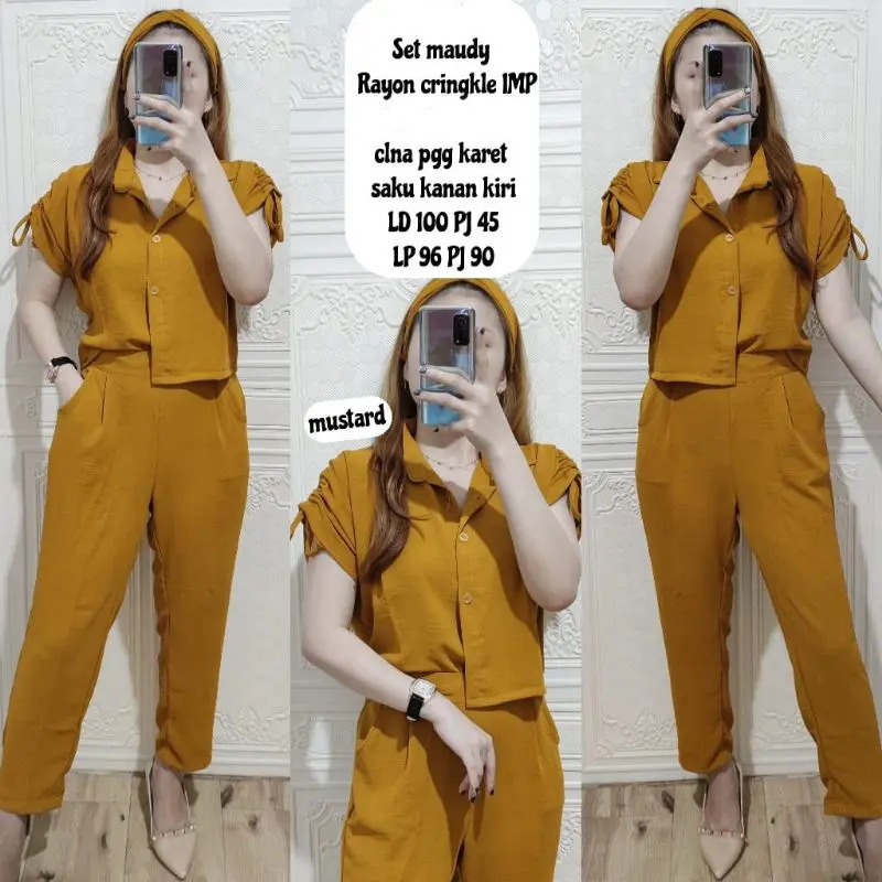 Oneset Kemeja Atasan Crop Wanita Setelan Katun Crinkle Tangan Serut Army 4