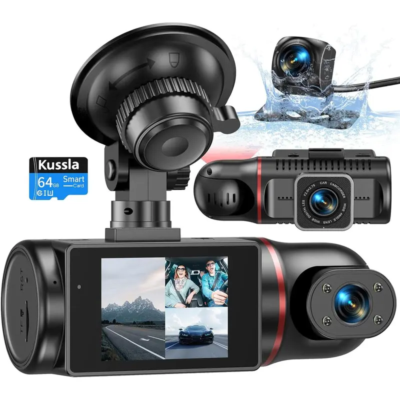 2025-New  Dash Cam Front and Rear Inside 3 Channel Dashcam for Cars 1080P with 64GB Card Adjustable Lens 3 Ways Triple Camera with Night Vision, G-sensor, Loop Recording, Parking Monitor 0