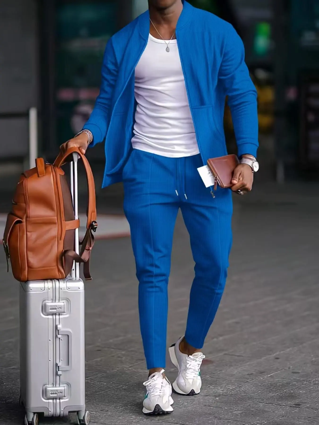 Men's Solid Zip Up Jacket & Pants Waffle Set, Regular Fit Casual Long Sleeve Zip Front Outerwear & Trousers, Men's Spring & Fall Clothes