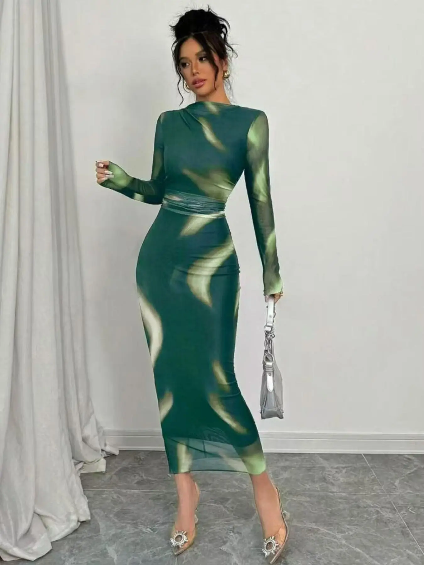 Women's Graphic Print Dress, Elegant Long Sleeve Bodycon Dress for Party Holiday Wedding Guest, Ladies Summer Clothes, Womenswear