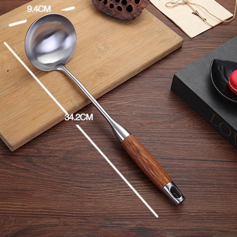 Product Introduction of Cookware 304 Staniless Steel Kitchen Utensils Long Wooden Handle Spatula Spoon Cooking Equpment Frying Shovel Thickened Cooking Tool Sets 17