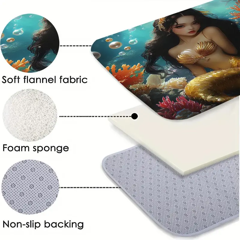 Mermaid Pattern Bathroom Decor Set, 1 Set Including Shower Curtain & Toilet U-shaped Mat & Rectangular Mat & Toilet Lid Cover, Bathroom Accessories 5