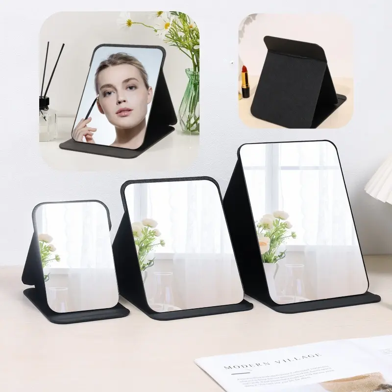 Vintage Folding Mirror pu Leather Student Dormitory Office Makeup Desktop Dressing Portable