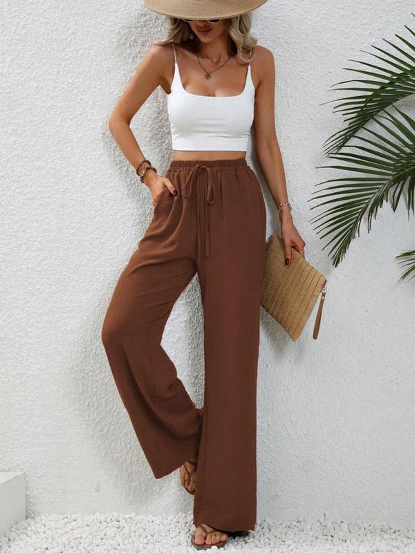 Women's Plain Pocket Tie Front Elastic Waist Straight Leg Pants, Casual High Waist Wide Leg Trousers for Daily Wear, Ladies Bottoms for All Seasons, Baggy Pants 3