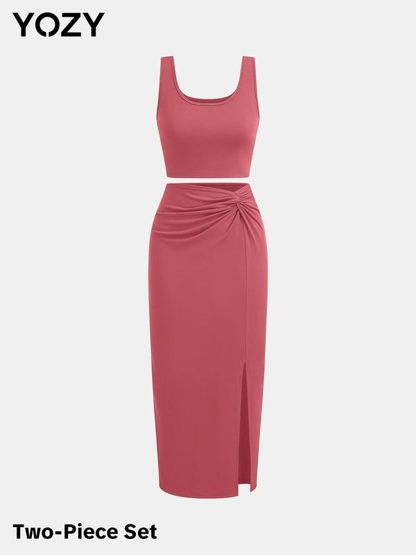 YOZY Solid Ribbed Crop Tank Top & Twist Split Skirt Set, Elegant Square Neck Sleeveless Top & High Waist Bodycon Skirt, 2024 Women's Summer Outfits for Party, Holiday, Vacation 6