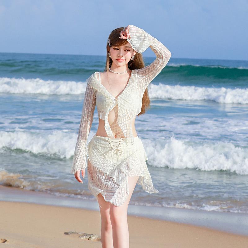 Bikini Bộ Đồ Bơi Đi Biển 3 Chi Tiết Nhún Bèo Che Khuyết Điểm Tôn Dáng Áo Dài Tay Chống Nắng (B2) 9