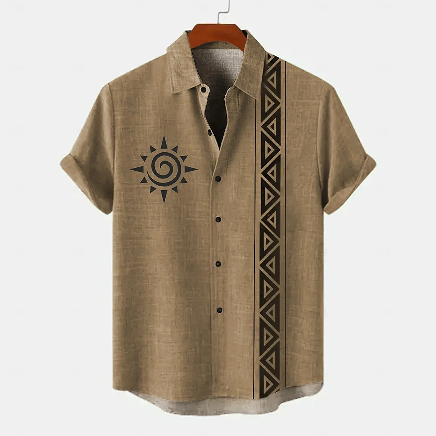 Men's summer retro ethnic style casual 3D printed street fashion linen short sleeved shirt