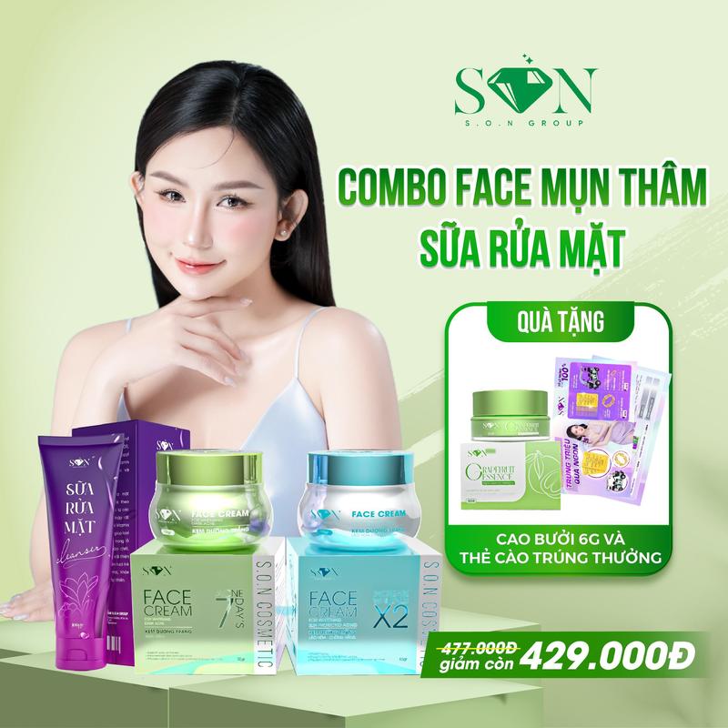   CÓ PHIẾU  S O N COSMETIC- PHIÊN BẢN MỚI NÂNG CẤP  COMBO KEM  DƯỠNG DA MẶT 3 SẢN PHẨM   - KEM FACE DƯỠNG TRẮNG + KEM FACE FACE HỖ TRỢ MỤN THÂM + SỮA RỮA RỬA MẶT 