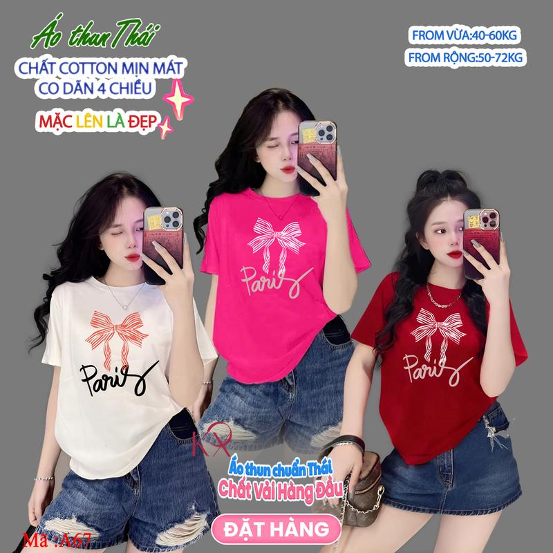 Áo Thun Nữ Thái Mã A67 Nơ Pari Form Vừa 40-60kg Rộng 50-72kg Áo Cổ Tròn Top Cotton Mềm Mịn Mát