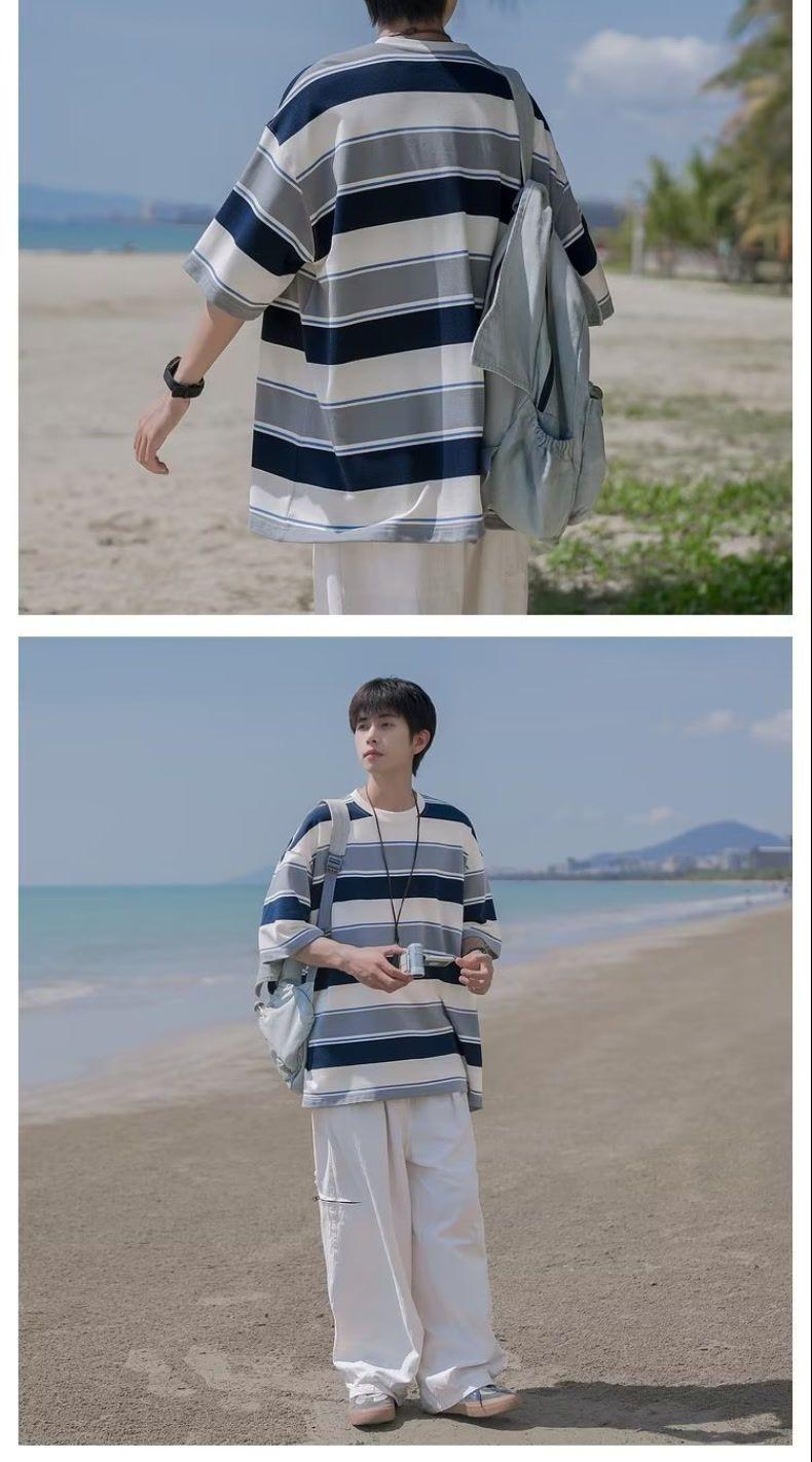 Product Introduction of 2024 Striped T-shirt Men's Short Sleeve Summer Fashion Brand Japanese College Style Loose Men's Half Sleeve T-shirt Menswear Top 6