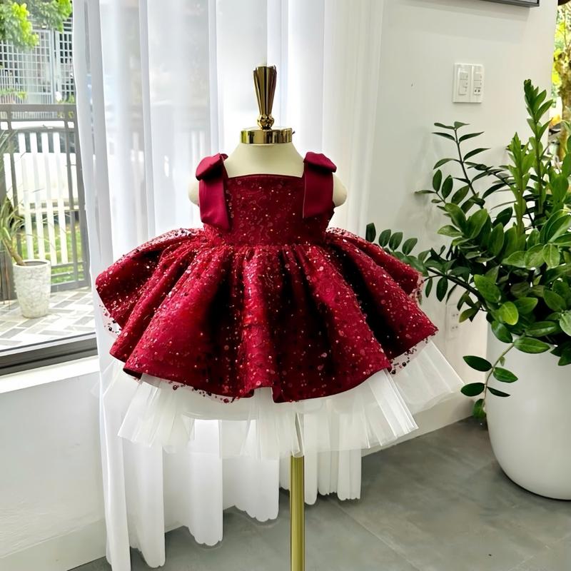Váy/đầm tết cho bé Váy công chúa kim sa đỏ nơ vai đón tết cho bé gái