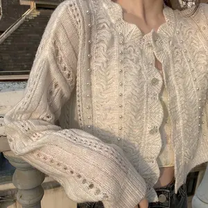 Cardigan Crop Manis Berongga Petal Baru Untuk Wanita  Casual Knitwear Outer Atasan