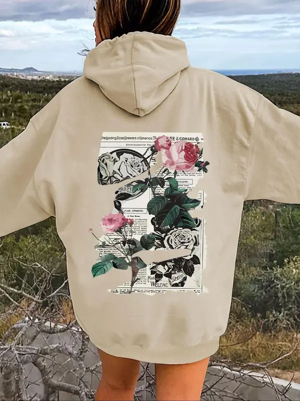 Women's Floral & Newspaper Print Drop Shoulder Hoodie, Fashion Casual Drawstring Pocket Hooded Sweatshirt for Daily Holiday Outdoor Wear, Women Clothes for Fall & Winter 2