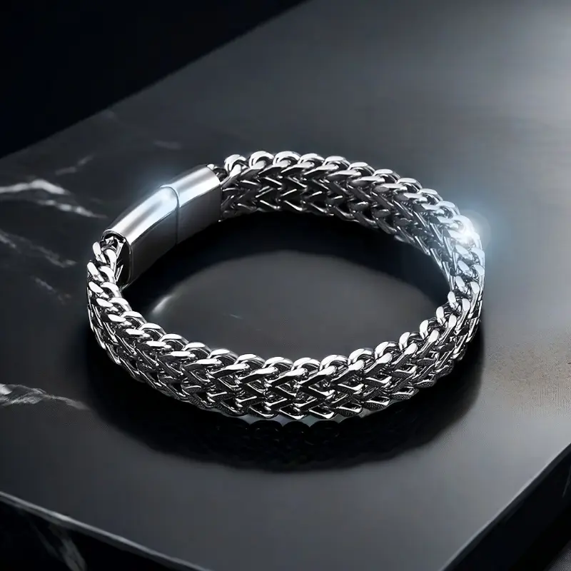 Stainless Steel Braided Double Row Cuban Link Bracelet, Unisex Fashion Jewelry, Magnetic Clasp, Casual Style, Gift for Husband, Friends, Father jewelry 2