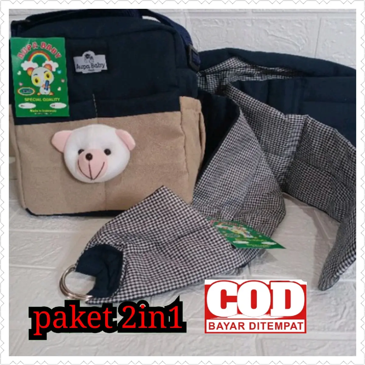 paket hemat tas bayi beruang dan gendongan samping polos