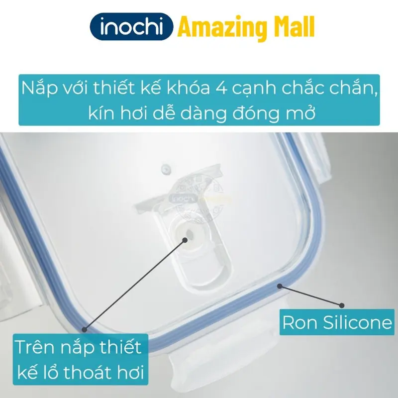 Hộp thủy tinh chịu nhiệt Nikko Inochi nắp trắng có lổ thoát hơi khóa 4 chấu chắc chắn Inochi Amazing Mall 3