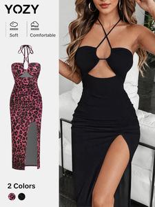 YOZY Women's Plain/ Leopard Cut Out Ruched Backless Split Thigh Cami Dress, Elegant Sleeveless Halter Neck Long Dress for Party Club Dating Wear, Ladies Clothes for All Seasons
