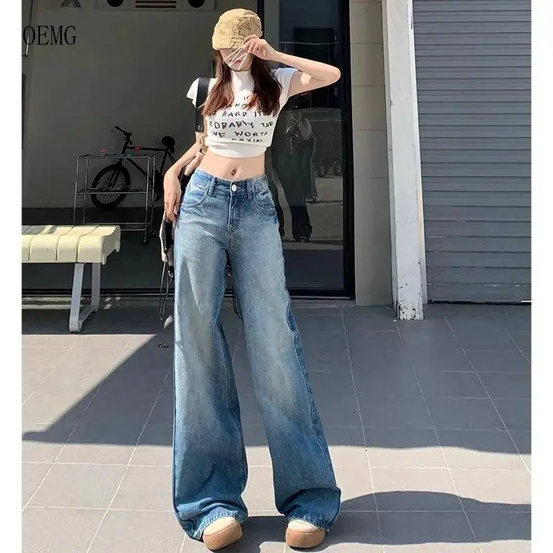 OEMGins Cracked Washed Low Waist Wide Leg Jeans Summer Loose Slimming Retro All-Matching Draped Mop Trousers