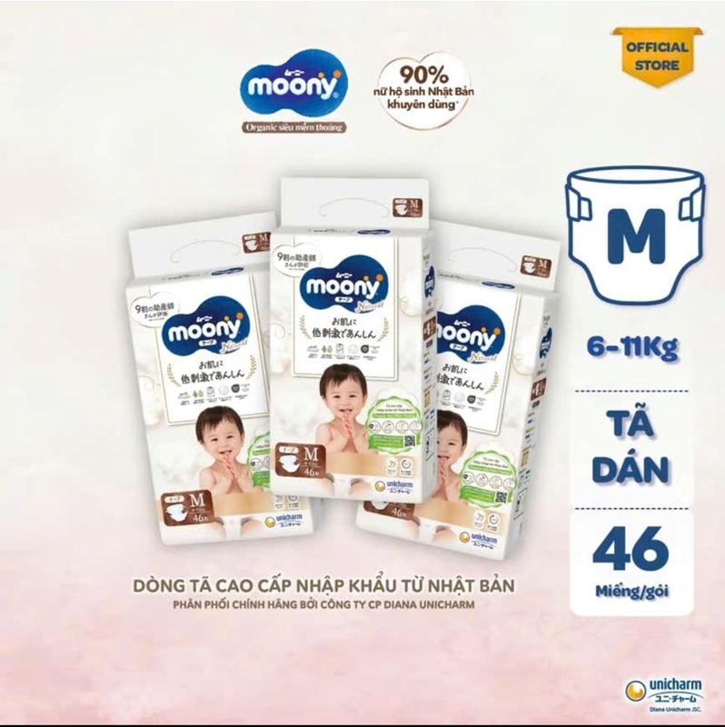 (COMBO 3) Tã dán/quần MOONY TRẮNG nhập khẩu có tem Diana Unicharm bông hữu cơ cho bé