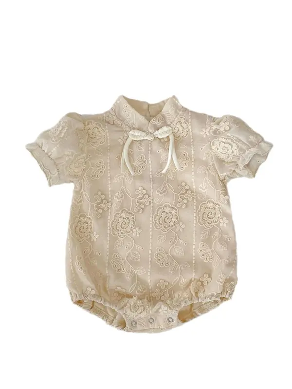 Baby Floral Embroidery Short Sleeve Jumpsuit, Cute Romper for Baby Girls, Newborn Infant Kids Summer Clothes 8