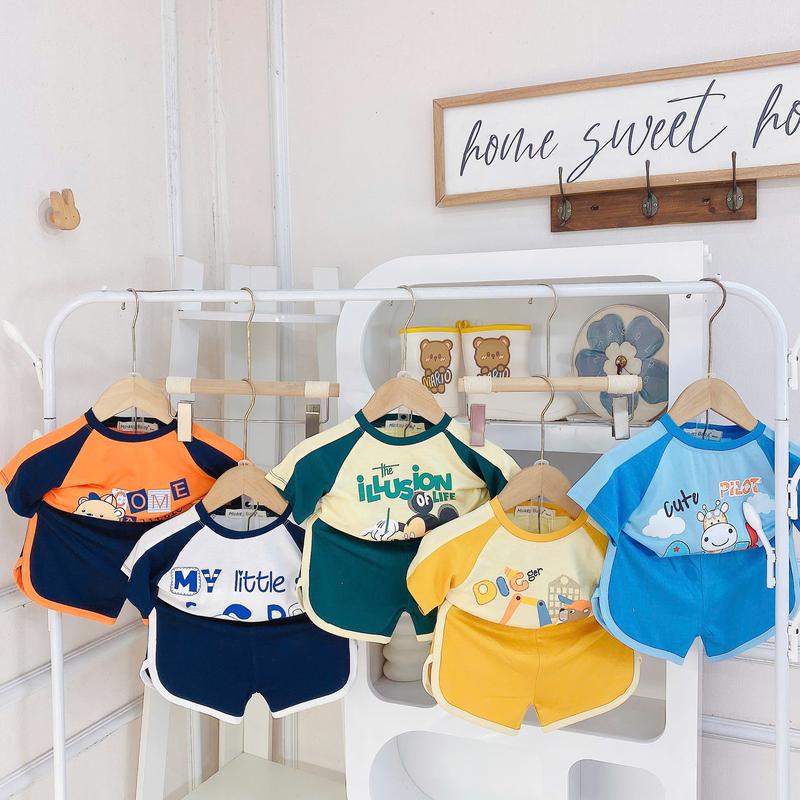 [Shin Kids] (8-24kg) Bộ Áo Ngắn Quần Ngắn Thun Lạnh In Hình Động Vật Phối Viền Tay Dành Cho Bé.