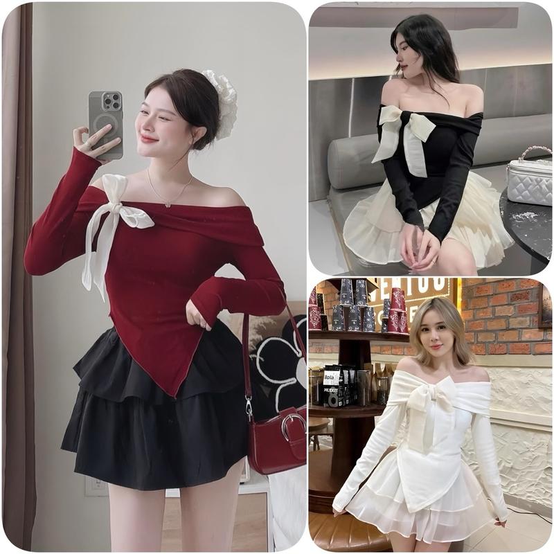 Sét Váy Nữ Nhiều Màu Gồm Áo Trễ Vai Vạt Nhọn Tay Dài Nơ Vai + Chân Váy 2 Tầng (N1)