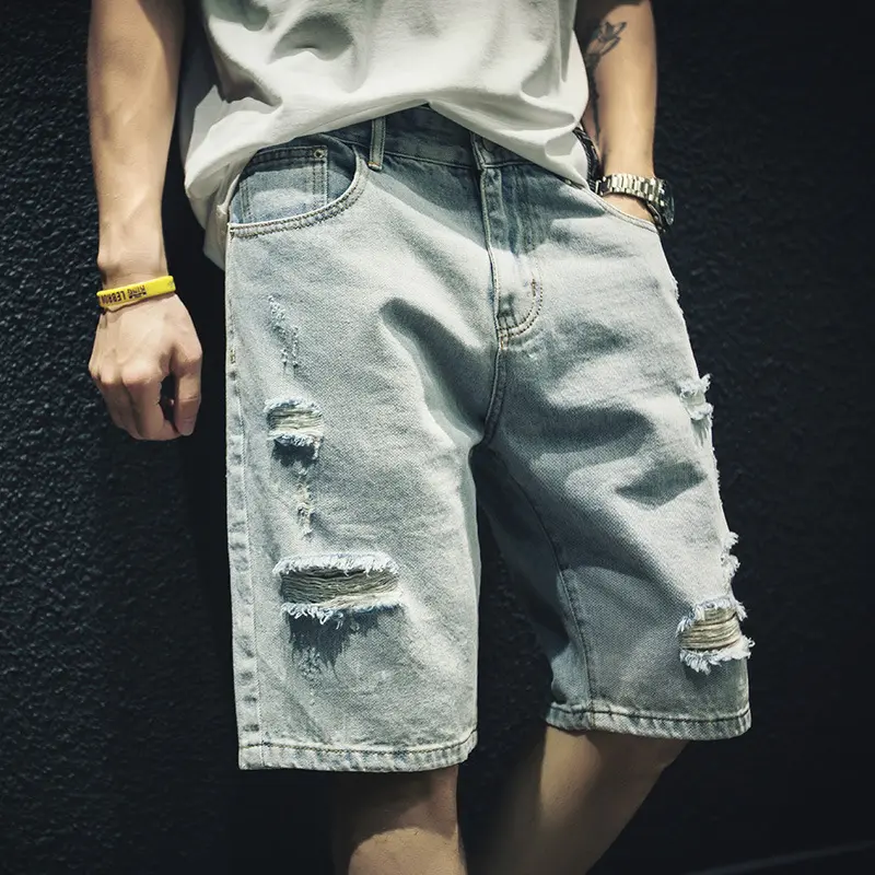 Quần Soóc Denim Rách, Dành Cho Nam Giới, Dáng Rộng Vừa Vặn, Hợp Xu hướng, Có Thể Mặc Ngoài Trời, Dài Đến Đầu Gối, Ngoại Cỡ, Quần Soóc Cướp Biển, Quần Ống Túm, Mỏng Mùa Hè Hợp Xu hướng, Hàng Mới Về