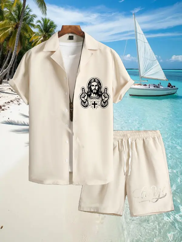 Two-Piece Set Men's Letter & Jesus Print Short Sleeve Shirt & Shorts, Regular Fit Casual Button Down Collared Top & Shorts, Summer Clothes Set for Men 6