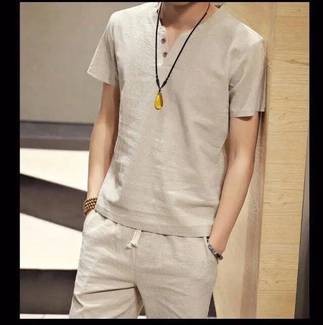 Bộ Quần Áo Nam Cổ V  Tay  Ngắn Quần Đùi Chất Liệu Vải Đũi Mềm Mịn, Nhẹ Nhàng, Thấm Hút Mồ Hôi Tốt Menswear Sơ Mi Xanh Dương Shirt Cotton Polo 7