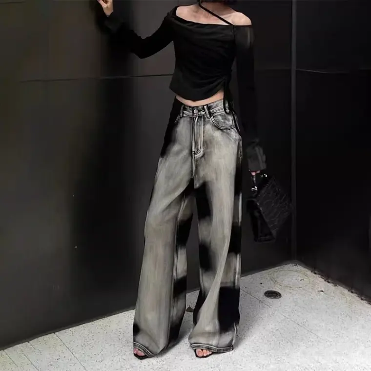 Women's Jeans Fashion New American Retro Gradient Tie-Dyed Jeans Female Early Autumn New Design Sense High Waist Loose Wide Legs Mop Pants