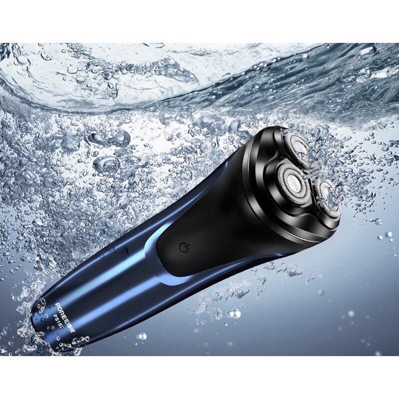 Máy cạo râu 3 lưỡi Poree PS-197 chân sạc 2 lỗ tự động làm sắc, chống nước cực tốt