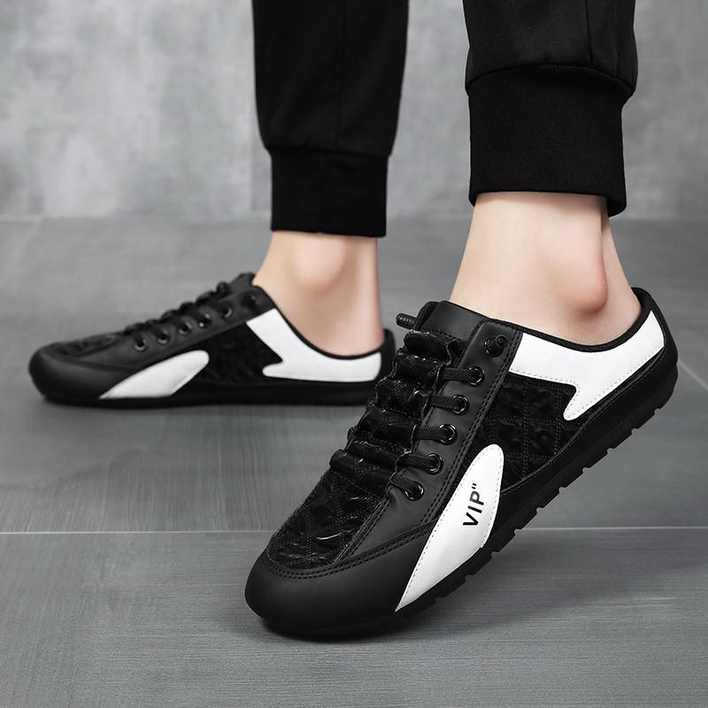 2024 New Summer breathable slip-on baotou drag men s shoes Doudou Korean version of the trendy canvas lazy half-trail RWES52 1