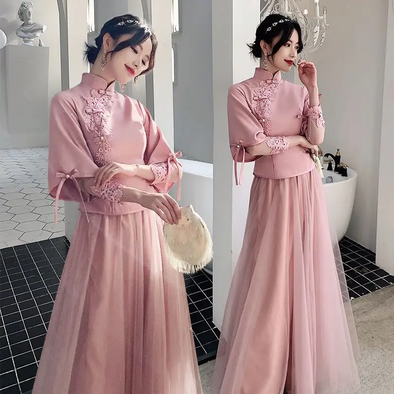 Váy Phù Dâu Dài Trung Quốc, Phong Cách Trung Quốc Mới, Nhóm Chị Em Tangzhuang, Xiuhe, Bạn Gái, quần Áo Ngoại Cỡ, Áo Cưới, Váy Cưới calem quần, Dress, Tay Phồng, Women 0