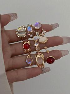 Set de anillos vintage de moda, anillos de aleación irregulares, anillos coloridos de imitación cristal, ágata y piedra lava, caja de regalo de joyería unisex